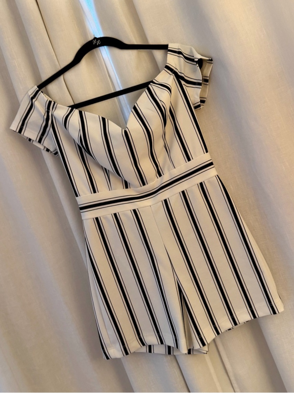 Teeze Me White and Black Striped Off-Shoulder Romper